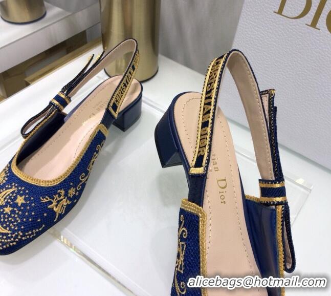 Low Price Dior x Moi Slingback Pumps 3.5cm in Navy Blue Star Embroidered Cotton 042724