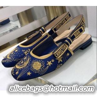 New Fashion Dior x Moi Slingback Ballerinas Flats in Navy Blue Star Embroidered Cotton 042724