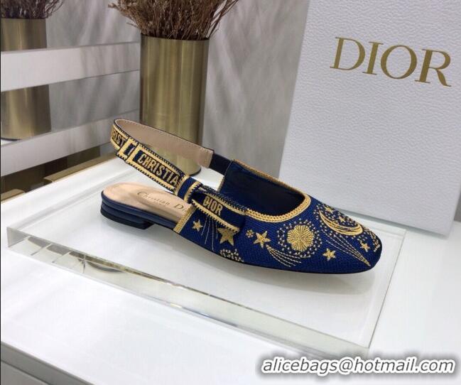 New Fashion Dior x Moi Slingback Ballerinas Flats in Navy Blue Star Embroidered Cotton 042724