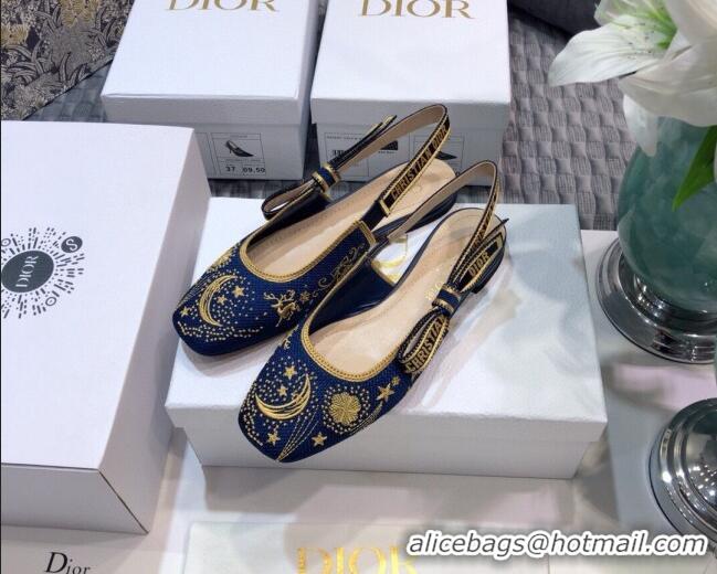 New Fashion Dior x Moi Slingback Ballerinas Flats in Navy Blue Star Embroidered Cotton 042724