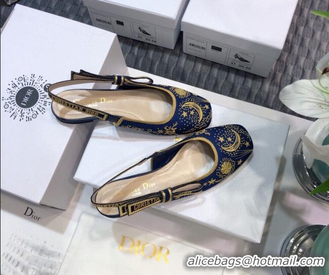 New Fashion Dior x Moi Slingback Ballerinas Flats in Navy Blue Star Embroidered Cotton 042724