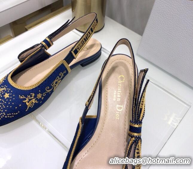 New Fashion Dior x Moi Slingback Ballerinas Flats in Navy Blue Star Embroidered Cotton 042724