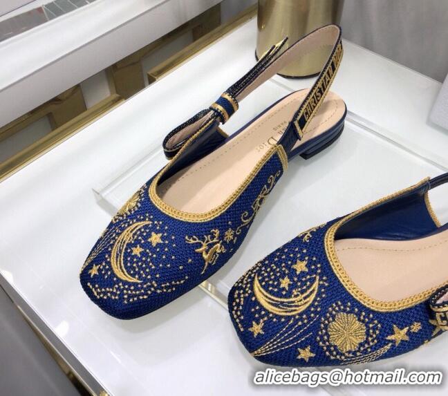 New Fashion Dior x Moi Slingback Ballerinas Flats in Navy Blue Star Embroidered Cotton 042724