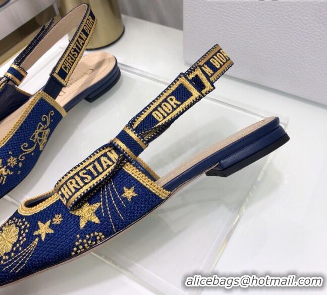 New Fashion Dior x Moi Slingback Ballerinas Flats in Navy Blue Star Embroidered Cotton 042724