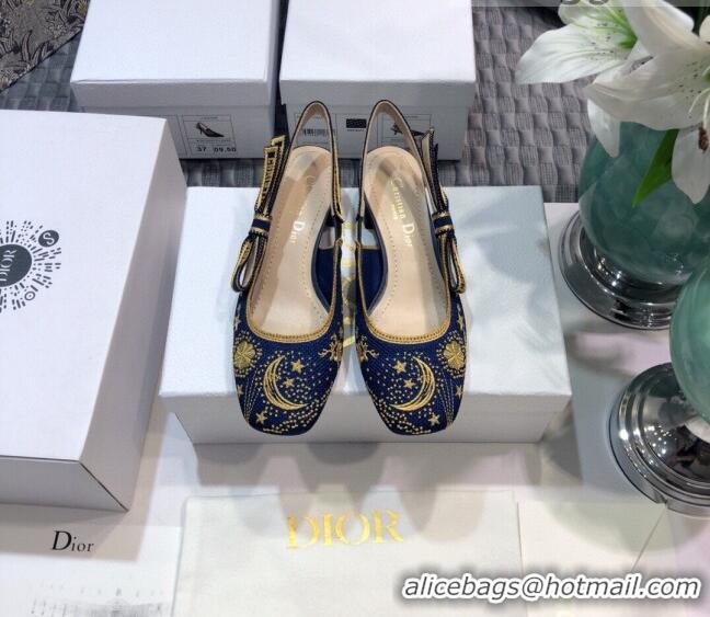 New Fashion Dior x Moi Slingback Ballerinas Flats in Navy Blue Star Embroidered Cotton 042724