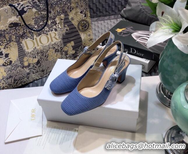 Top Quality Dior x Moi Slingback Pumps 6.5cm in Blue Ribbon Embroidered Cotton 042731