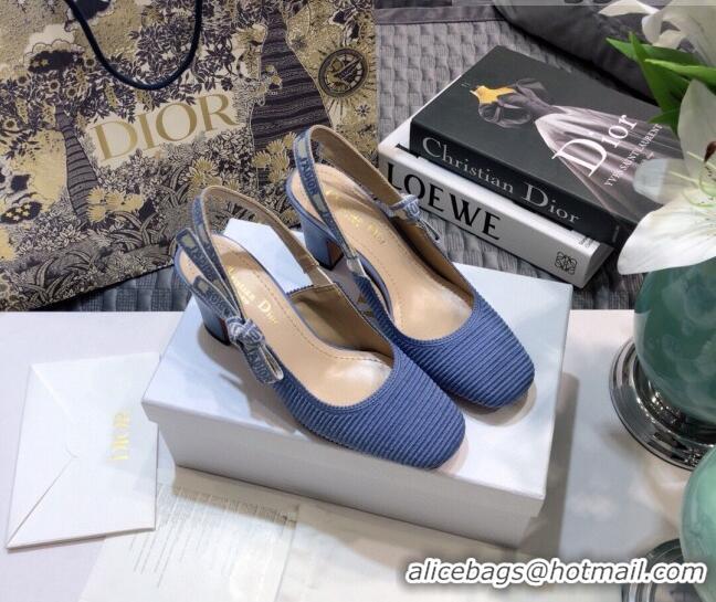 Top Quality Dior x Moi Slingback Pumps 6.5cm in Blue Ribbon Embroidered Cotton 042731