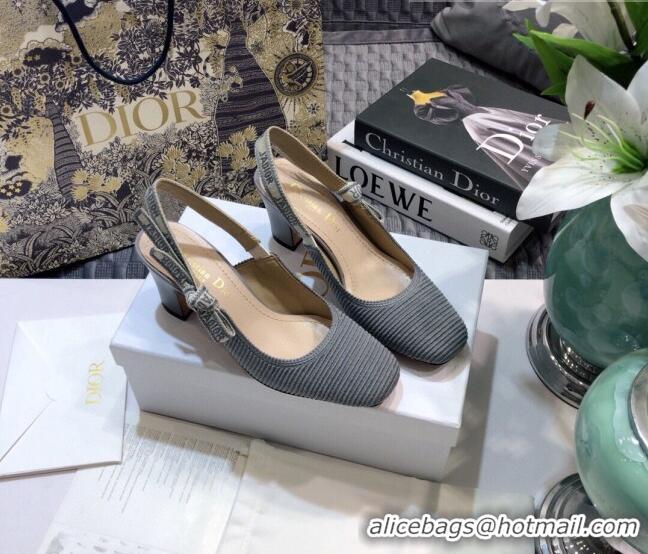 Stylish Dior x Moi Slingback Pumps 6.5cm in Grey Ribbon Embroidered Cotton 042733