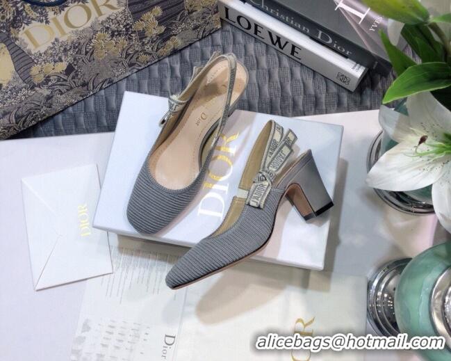 Stylish Dior x Moi Slingback Pumps 6.5cm in Grey Ribbon Embroidered Cotton 042733