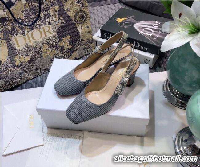 Stylish Dior x Moi Slingback Pumps 6.5cm in Grey Ribbon Embroidered Cotton 042733