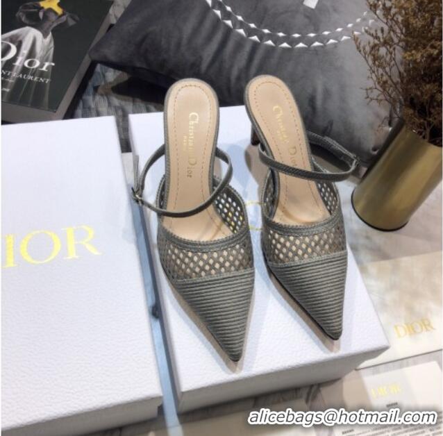 Top Quality Dior D-Choc Heel Mules in Grey Mesh Embroidery 042746