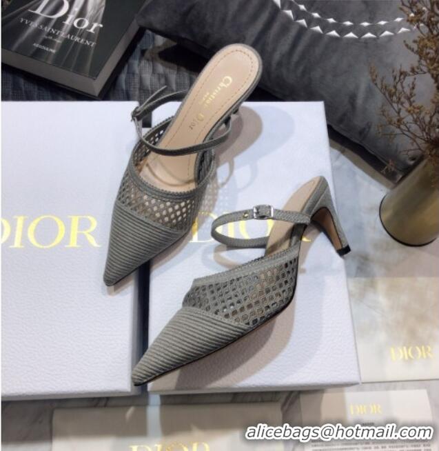 Top Quality Dior D-Choc Heel Mules in Grey Mesh Embroidery 042746