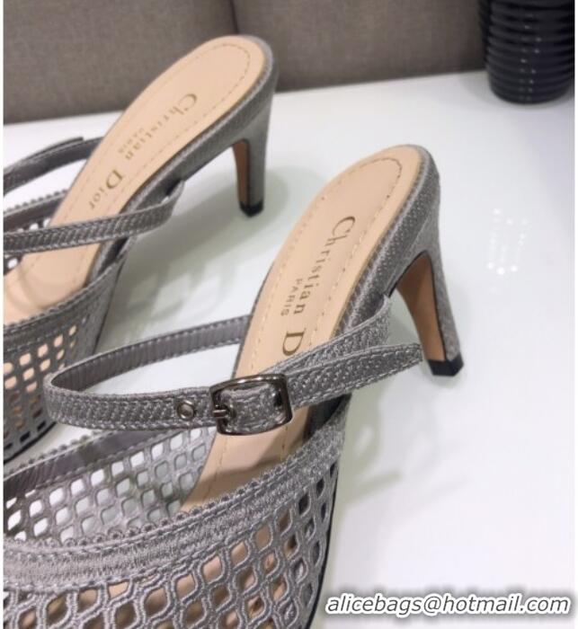 Top Quality Dior D-Choc Heel Mules in Grey Mesh Embroidery 042746