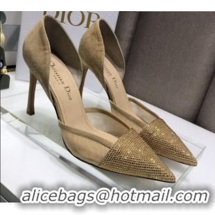 Top Quality Dior Crystal Suede Pumps 7cm 042748 Camel Brown