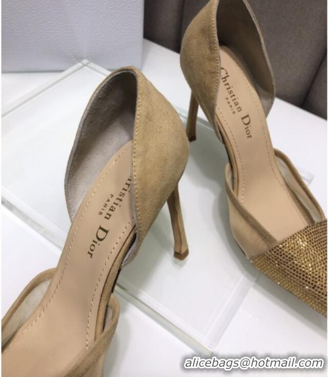 Top Quality Dior Crystal Suede Pumps 7cm 042748 Camel Brown