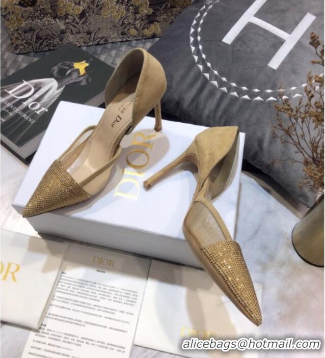 Top Quality Dior Crystal Suede Pumps 7cm 042748 Camel Brown