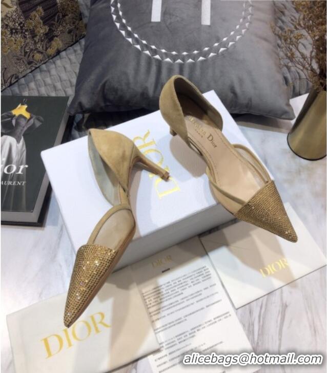 Top Quality Dior Crystal Suede Pumps 7cm 042748 Camel Brown