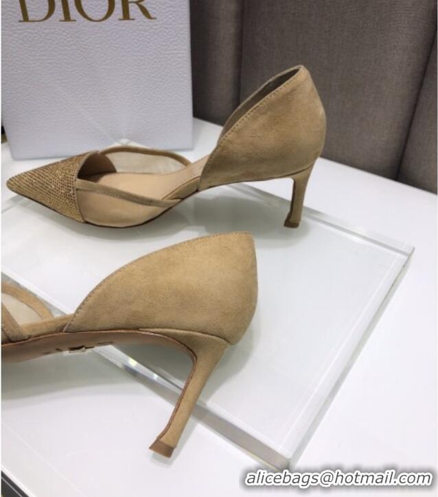 Top Quality Dior Crystal Suede Pumps 7cm 042748 Camel Brown