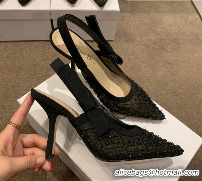 Unique Style Dior J'Adior Slingback Pumps/Ballerinas Flats in Black Crystal Mesh Embroidery 042753