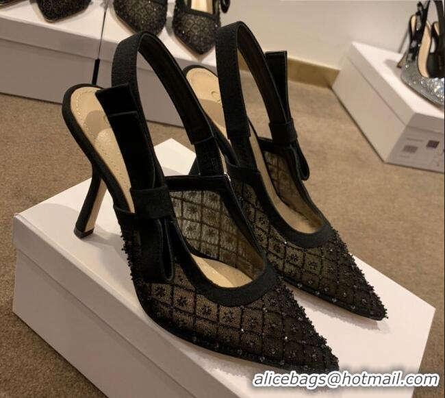 Unique Style Dior J'Adior Slingback Pumps/Ballerinas Flats in Black Crystal Mesh Embroidery 042753