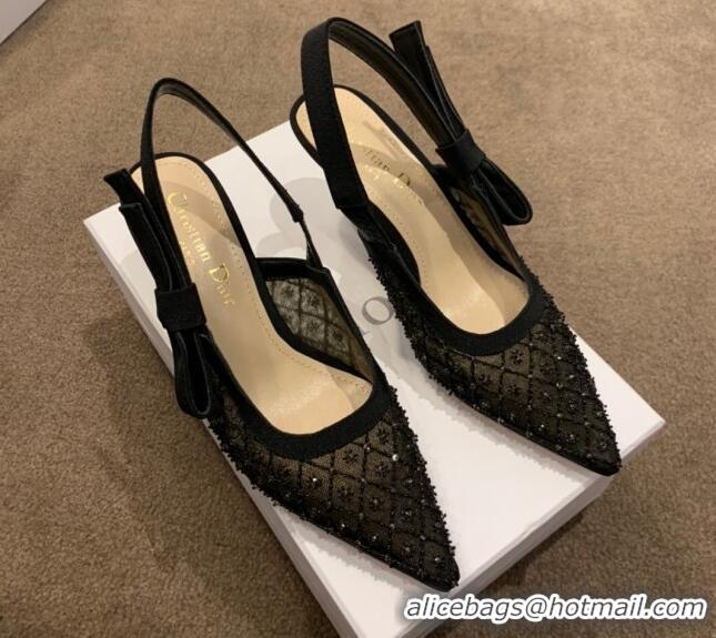 Unique Style Dior J'Adior Slingback Pumps/Ballerinas Flats in Black Crystal Mesh Embroidery 042753