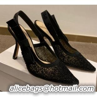 Best Grade Dior J'Adior Slingback Pumps/Ballerinas Flats in Black Beads Mesh Embroidery 042756