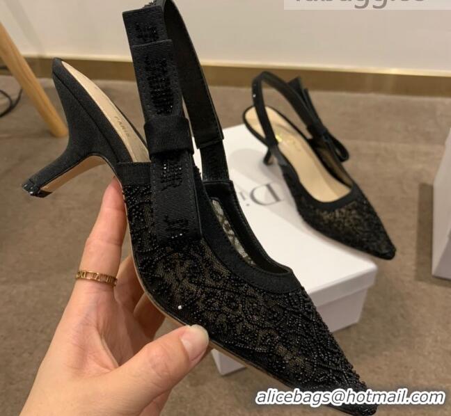 Best Grade Dior J'Adior Slingback Pumps/Ballerinas Flats in Black Beads Mesh Embroidery 042756