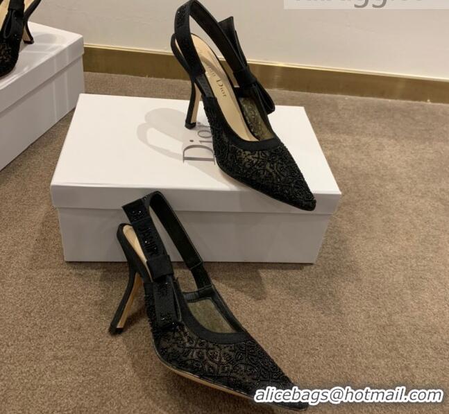 Best Grade Dior J'Adior Slingback Pumps/Ballerinas Flats in Black Beads Mesh Embroidery 042756