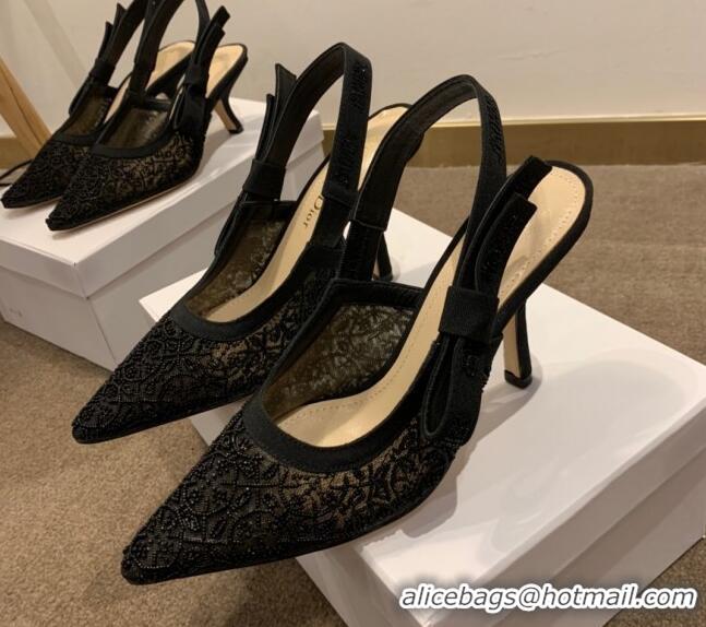 Best Grade Dior J'Adior Slingback Pumps/Ballerinas Flats in Black Beads Mesh Embroidery 042756