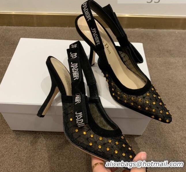 Good Quality Dior J'Adior Slingback Pumps 9.5cm in Crystal Mesh Embroidery Black/Yellow 2021