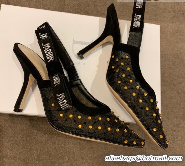 Good Quality Dior J'Adior Slingback Pumps 9.5cm in Crystal Mesh Embroidery Black/Yellow 2021