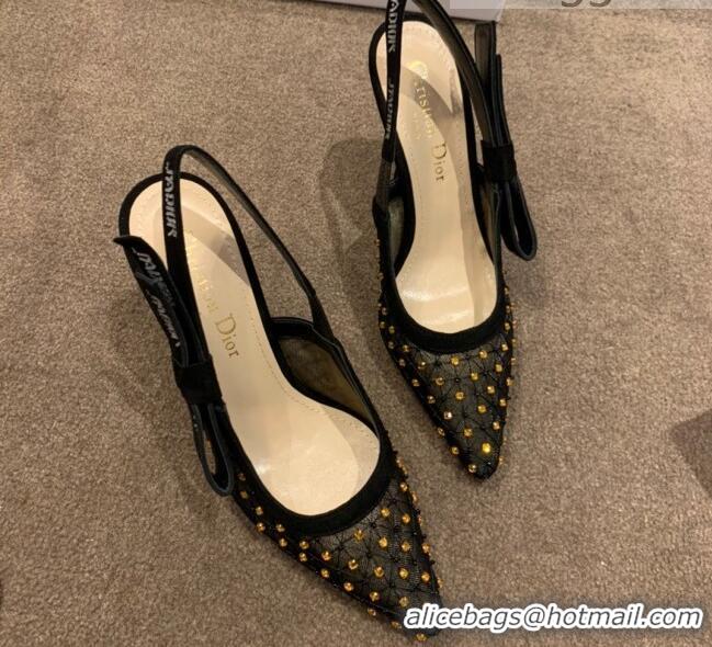 Good Quality Dior J'Adior Slingback Pumps 9.5cm in Crystal Mesh Embroidery Black/Yellow 2021