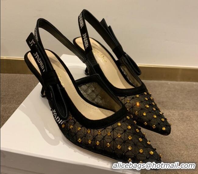 Low Price Dior J'Adior Slingback Pumps 6.5cm in Crystal Mesh Embroidery 042758 Black/Yellow