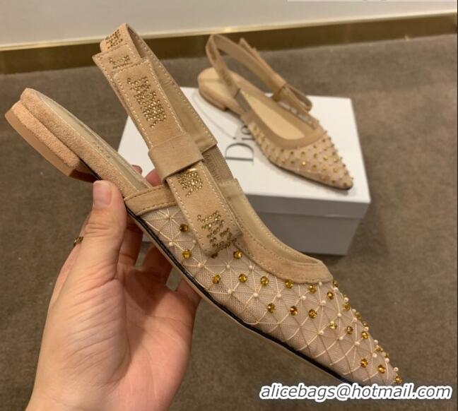 Best Luxury Dior J'Adior Slingback Ballerinas Flats in Crystal Mesh Embroidery Nude/Yellow 042762