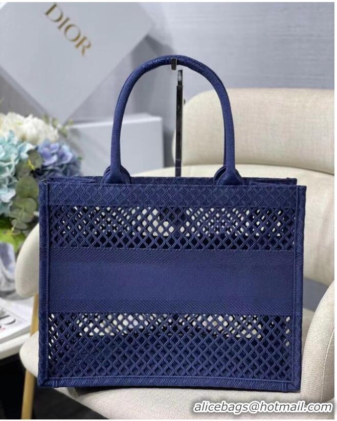 Top Design SMALL DIOR BOOK TOTE Blue Mesh Embroidery M1296Z