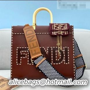 Buy Discount Fendi Sunshine Stitching Leather Medium Shopper Tote Bag FD0301 Brown 2021