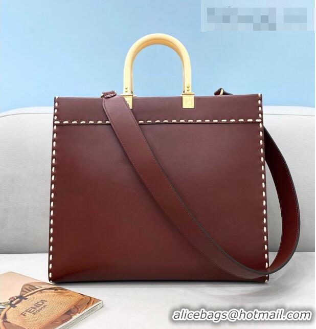 Buy Discount Fendi Sunshine Stitching Leather Medium Shopper Tote Bag FD0301 Brown 2021