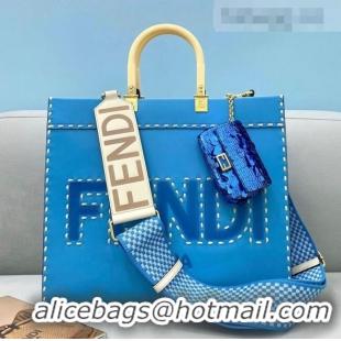 Well Crafted Fendi Sunshine Stitching Leather Medium Shopper Tote Bag FD0301 Blue 2021