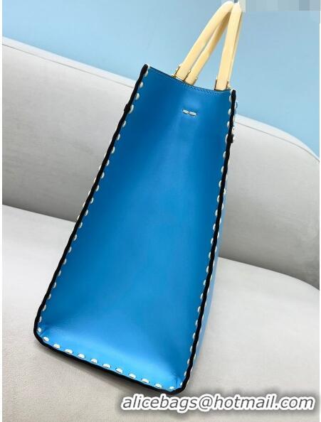 Well Crafted Fendi Sunshine Stitching Leather Medium Shopper Tote Bag FD0301 Blue 2021