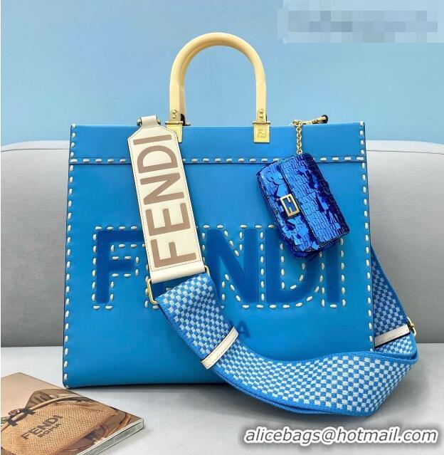 Well Crafted Fendi Sunshine Stitching Leather Medium Shopper Tote Bag FD0301 Blue 2021