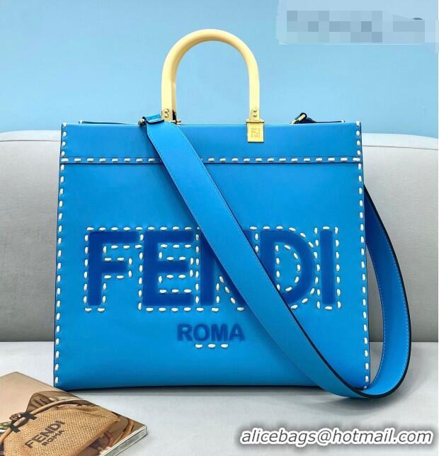 Well Crafted Fendi Sunshine Stitching Leather Medium Shopper Tote Bag FD0301 Blue 2021