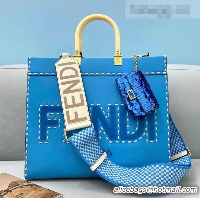 Well Crafted Fendi Sunshine Stitching Leather Medium Shopper Tote Bag FD0301 Blue 2021