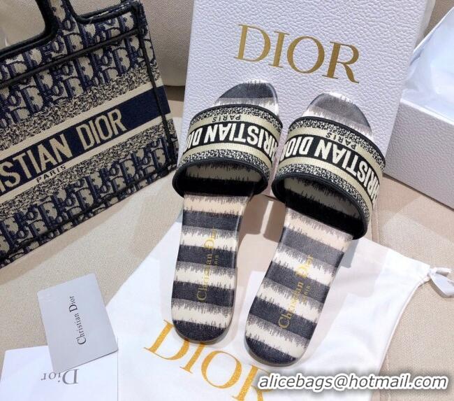 Top Quality Dior Dway Flat Slide Sandals in Black Stripes Embroidered Cotton 050803