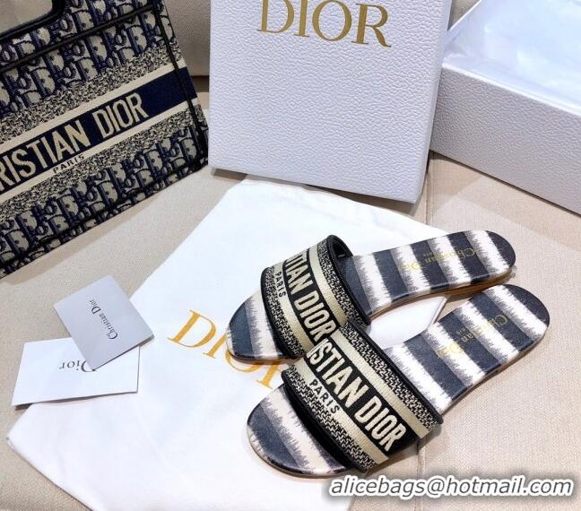 Top Quality Dior Dway Flat Slide Sandals in Black Stripes Embroidered Cotton 050803