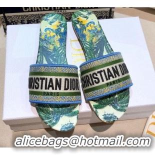 Good Product Dior Dway Flat Slide Sandals in Green Embroidered Cotton 050805