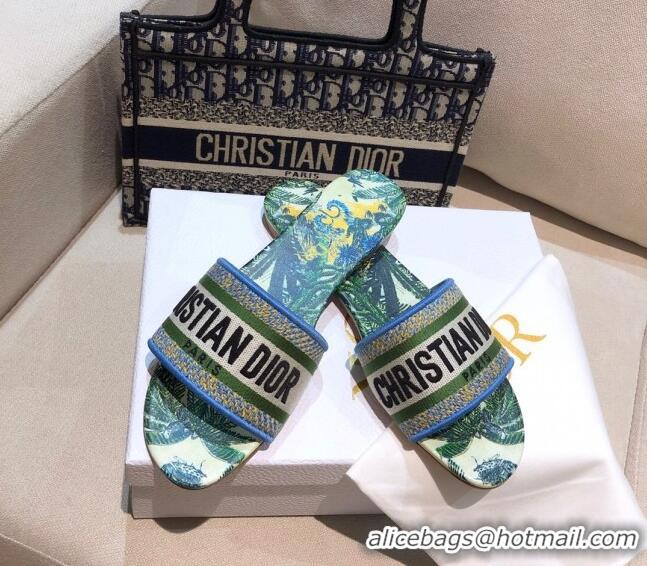 Good Product Dior Dway Flat Slide Sandals in Green Embroidered Cotton 050805