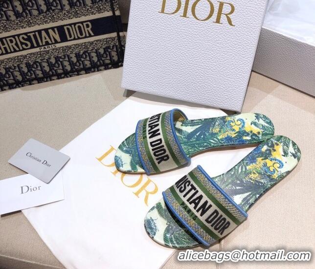 Good Product Dior Dway Flat Slide Sandals in Green Embroidered Cotton 050805