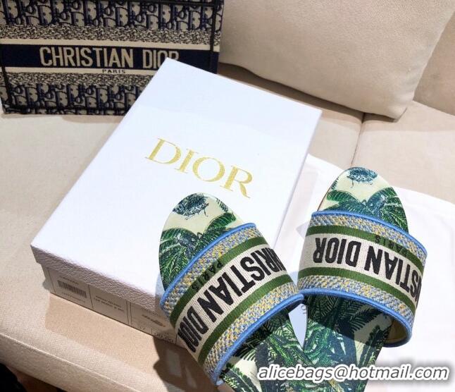 Good Product Dior Dway Flat Slide Sandals in Green Embroidered Cotton 050805