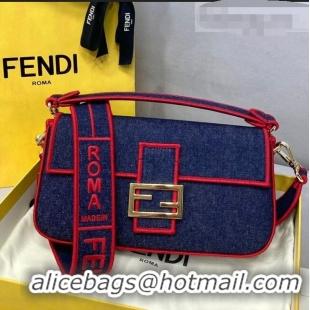 Good Product Fendi Baguette Medium Denim Flap Bag FD0315 Dark Blue/Red 2021