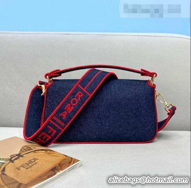 Good Product Fendi Baguette Medium Denim Flap Bag FD0315 Dark Blue/Red 2021